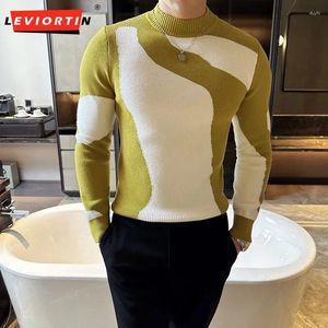 Men's Sweaters 2023 Autumn/Winter British Slim Fit Color Block Half Neck Sweater Long Sleeved Casual Pullover Social Knitted Top