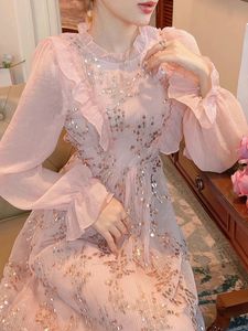 Осень 2023, шифоновое платье миди с блестками, розовые оборки, шикарное элегантное женское платье с длинными рукавами, повседневное милое корейское платье 231225