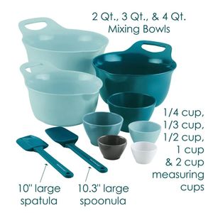 Narzędzia Rachael Ray Mix and Measure, Melamine, MISING Bowl Puchar i nylon, zestaw naczynia, 10 sztuk, jasnoniebieski i turkusowy