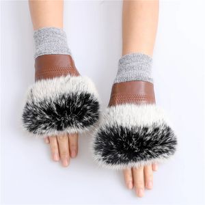 Frauen echte Schafhaut Winter warmes fingerlose Handschuhe echte Kaninchenfellmanschette halbe Finger tippen Fäden