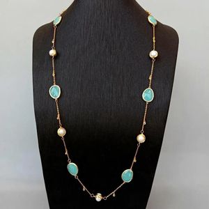 Necklaces Y.YING Cultured White Pearl Blue Crystal Bezel Set Gold Plated Rosary Chain Station Necklace 35"