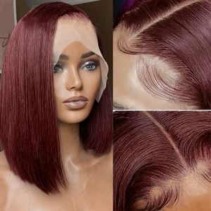 Cabelo humano virgem brasileiro 13x4 renda bob peruca 99j cor sedosa reta 10-18 polegadas borgonha parte média 130% 150% 180% densidade