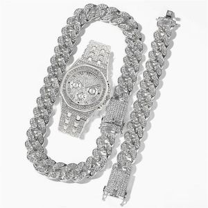 Цепи кубинские звенья цепь ICED OUT WATE MENS Ювелирные украшения набор колье для часа браслет хип -хоп Майамирхинстоун Африканский Кокер 311W