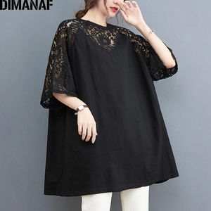 Tişört dimanaf yaz kadın tişört pamuk dantel tshirt moda bayan üstleri tees tunik gömlek gevşek gündelik siyah beyaz büyük boyutlu