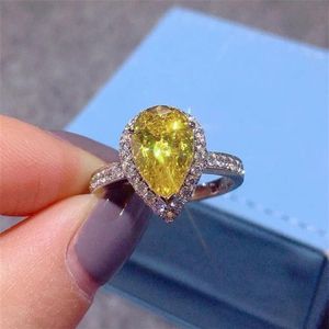 Ins Choucong Brand Wedding Rings Luxury Jewelry 925 Sterling Silver Yellow Water Drop 5A Cubic Zircon Eternity Party Women Engagem255E