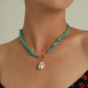 Chains Fashion Punk Large Specialshaped Pearl OT Buckle Alloy Necklace Temperament Simple Green Turquoise Choker Chain Jewelry9062178