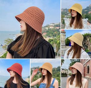 Wide Brim Hats Solid Color Handmade Crochet Floppy Top Summer For Women Hollow Out Knit Dome Bucket Hat Foldable Beach Caps6756684