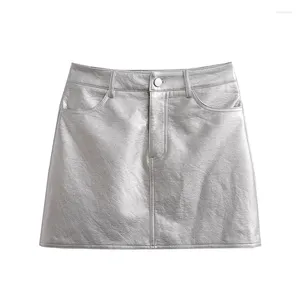 Skirts Women Fashion Front Pockets Faux Leather Silver Mini Skirt Vintage High Waist Zipper Sexy Girl Female Mujer