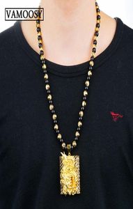 Presentes inteiros cuidadosamente esculpidos chinês amarelo 24K ouro dragão preto obsidiana colar pingente joias masculinas 20101371463591923680