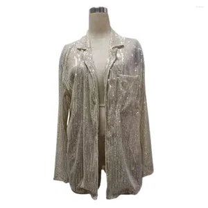 Women's Blouses Long-sleeve Sequin Top Lapel Cardigan For Women Shiny Performance Club Party Soft Loose Solid Color Shirt Her