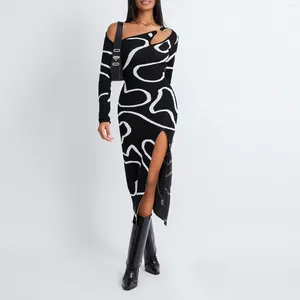 Casual Dresses Y2k Women Jacquard Off Shoulder Dress Long Sleeve Asymmetric Bodycon Split Midi Going Out Vintage Streetwear