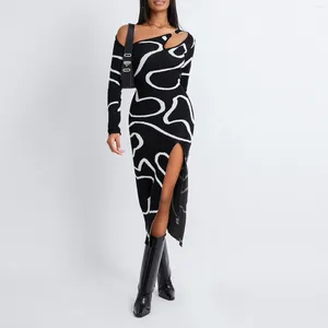 Casual Dresses Y2K Women Jacquard Off Axel Dress Långärmas Asymmetriska BodyCon Split Midi går ut vintage Streetwear