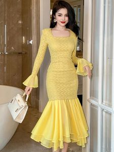 Sukienki swobodne kobiety w stylu francuskiego dziewcząt celebrytka żółte dzianiny elastyczne marszczenia fishtail szata impreza najemca wiosna