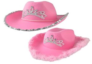 Geizige Krempe Hüte Rosa Cowgirl Für Frauen Cow Girl Mit Tiara Hals Kordelzug Filz Cowboy Kostüm Zubehör Party Hut Spielen Kleid 6701751