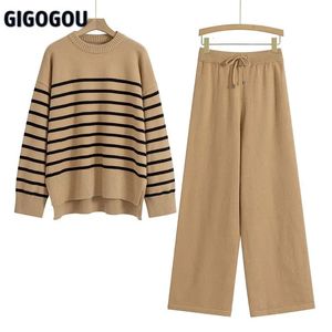 Gigogou 2/duas peças define feminino caxemira fatos de treino chique listrado oversized mulher camisola com cordão calças largas perna ternos 231225