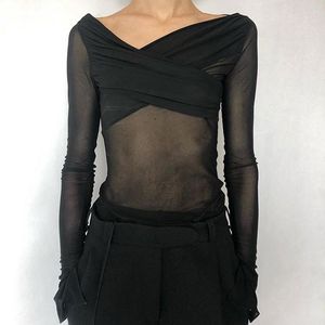 女性用Tシャツオフショルダー長袖フィットTシャツメッシュ