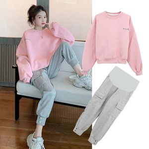 Sweatshirts 297# 2021 Herbst Koreanische Mode Mutterschaft Kleidungsstücke Sports Casual Hoodies + Hosenanzüge für schwangere Frauen Schwangerschaft