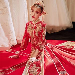 Ethnische Kleidung, exquisites Phoenix-Pailletten-Perlenstickerei-Hochzeitskleid, elegantes Hochzeits-Toast-Abendkleid, Cheongsam
