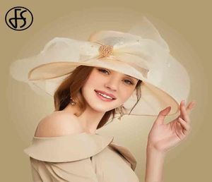 FS Beige White Organza Wide Brim Sun Hats for Women Summer Church Hats Women Elegant Kentucky Derby Hat Ladies Big Bow Fedora CX208540949