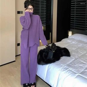 Kadınlar İki Parçalı Pantolon Kadın Takım Sonbahar Kış Moda Yavurucu Yurtlenek Gevşek Tam Kollu Kazak Yüksek Bel Geniş Bacak 2 Set Bayan Outifits