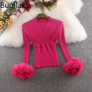 Women's Sweaters Bugilaku Feathers Patchwork Solid Color Pullovers Women High Street V-neck Long Sleeve Female Fashion Inside Pull Femme