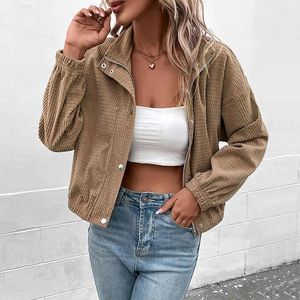 Women's Jackets Autumn/Winter Stand Collar Buckle Jacket Casual Solid Pleated Corduroy Coat Fashion Long Sleeve Tops Women Casaco Feminino