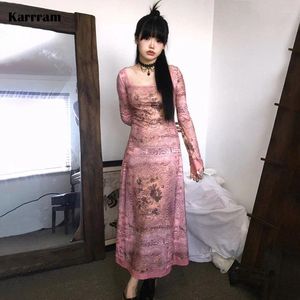 Casual Dresses Karrram Japanese Y2K Long Dress Vintage Harajuku Maxi Grunge Aesthetics Pink Party Lolita Sleeve Stick