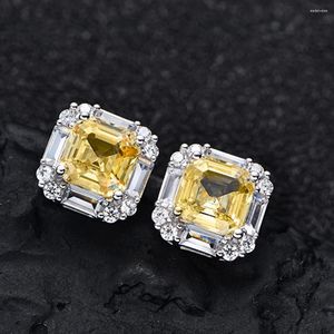 Studörhängen S925 Silver Square Women 7mm Yellow High Carbon Diamond Earstuds Female 5A Zircon Design Luxury Jewelry Girl Gift Lady