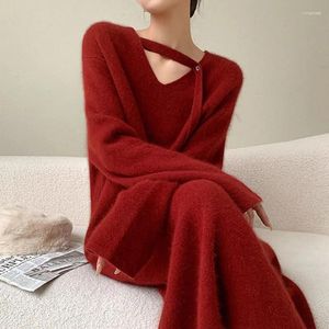 Casual Dresses Sweater Dress For Women Autumn Elegant V Neck Long Sleeve Warm Loose Straight Knitted Robe Clothing T760