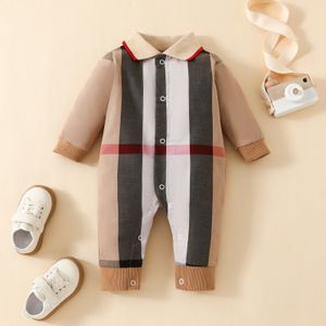 Baby romper jumpsuit with versatile lapels for newborns plaid long sleeved underwear cotton casual baby crawling clothes for boys and girls