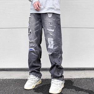 Herr jeans y2k frayed hål skadat tvättat svart baggy för män streetwear rak casual denim byxor ropa hombre lösa lastbyxor