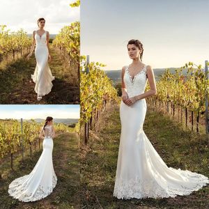 Stunningbride 2024 Sheath Wedding Dresses Gorgeous Lace Applique V neck Sweep Train Simple Plus Size Country Sleeveless Sexy Mermaid Bridal Gowns