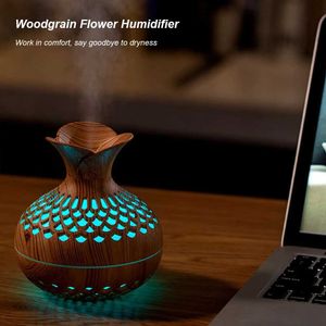 Humidifiers 300ML Wood Grain Flower Humidifier Silent Aromatherapy Diffuser USB Rechargeable Mini Air Humidifier with Colorful Night Light