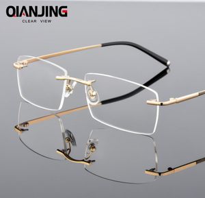QianJing Alloy Rimless Optical Eyeglasses Rimless Spectacle Frame Men Gents Frameless Clear Glasses Gold Prescription Eyewear9094964