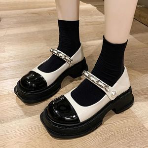 Vestido sapatos de moda mistura color Mary Janes Women Women Chain Pearl Strap Heels Middle Pumps Woman Square Toe Platform Sof Sole Student