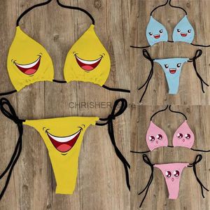 Bikini-Set, sexy Bikini-Set, gelber Badeanzug, Cartoon-Druck, modisch, süß, Damen-BH, Badeanzug, tiefer V-Ausschnitt, Sommer, Strandmode, Party-Bikini-Anzug L231225