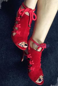 Sandals Red Suede Peep Toe Stiletto Women's Sexy Lace Up Bare Heel High Hollow Out Genuine Leather Summer Shoes