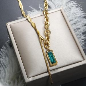 Pendant Necklaces Thick Cuban Stainless Steel Chain Gothic Punk Irregular Square Green Stone Necklace Vintage Waterproof Neck Jewelry Gift