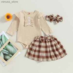 Одежда набор Pudcoco младенца детская девочка осенний комбинезон набор сплошного разряда с длинным рукавом и клетчатой ​​юбкой A-Line + Bow Headds 0-24M