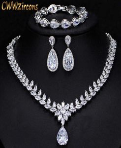 Elegant Women Wedding Jewellery African CZ Crystal Leaf Drop Bridal Necklace Bracelet and Earrings Jewelry Sets T294 2107148780705