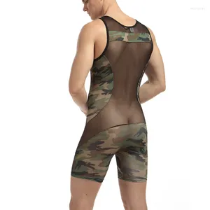 Men's Body Shapers Mesh Breathable Underwear Camouflage Transparent Bodywear Wrestling Suit Siamese Panties Buttons Mens Bodysuit