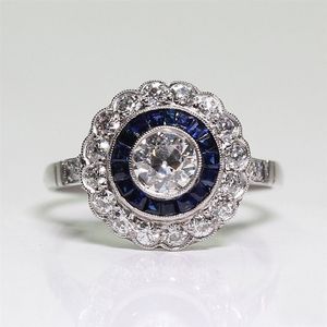 Silver Plated Round Sapphire Ring for Exquisite Women Bride Princess Wedding Engagement Ring US Size 5-13257N