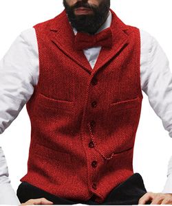 Jackor Bourgogne/Brown Men's Suit Vest Slim Fit HerringBone Wool Tweed hackat Lapel Waistcoat för bröllop groomsmen herr väst avslappnad