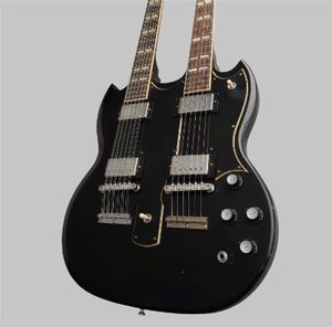 공장 Relic Black 12 및 6 String Slash 1275 Double Neck Electram 기타 분할 평행 사변형 모자이크 258