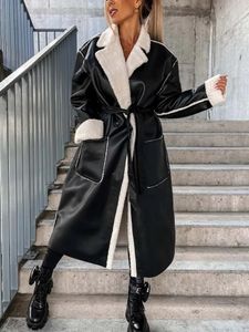 Зима Pu Faux Leather Hover Женщины длинные куртки черные густые теплые пальто для 231225