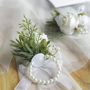 Decorative Flowers Ivory Rose Wrist Corsage Wristlet Band Bracelet And Men Boutonniere Set For White Wedding Accessories Prom Suit