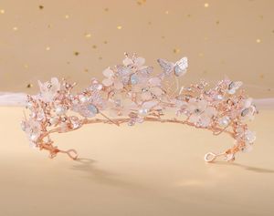 Jóias de cabelo de casamento barroco rosa ouro cristal borboleta pérolas tiaras de noiva coroas diadem headpiece videira tiara acessórios 230118175009