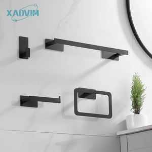 No Drill Stainless Steel Matte Black Bath Hardware Set Self-adhesive Towel Bar Towel Ring Paper Holder Hook Bathroom Accessories 231222