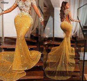 Yellow Shiny Sequined Mermaid Evening Dresses Sexy Hollow Long Sleeves Prom Pageant Gowns Slim Fit Court Train Arabic Dubai Special Occasion Formal Vestidos CL3115