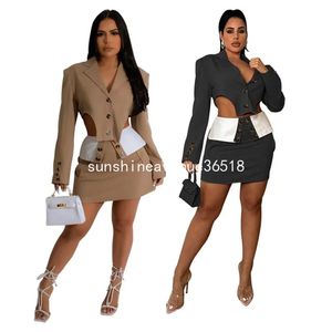 2024 Designer Fall Winter Dress Sets Women Two 2 Piece Sets Long Sleeve Cut Out Short Jacket and Mini Skirt Office Ladies Wear Bulk Wholesale Clothes